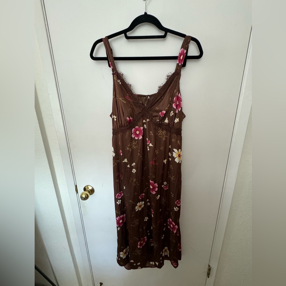 Old Navy brown floral satin open back midi slip dress